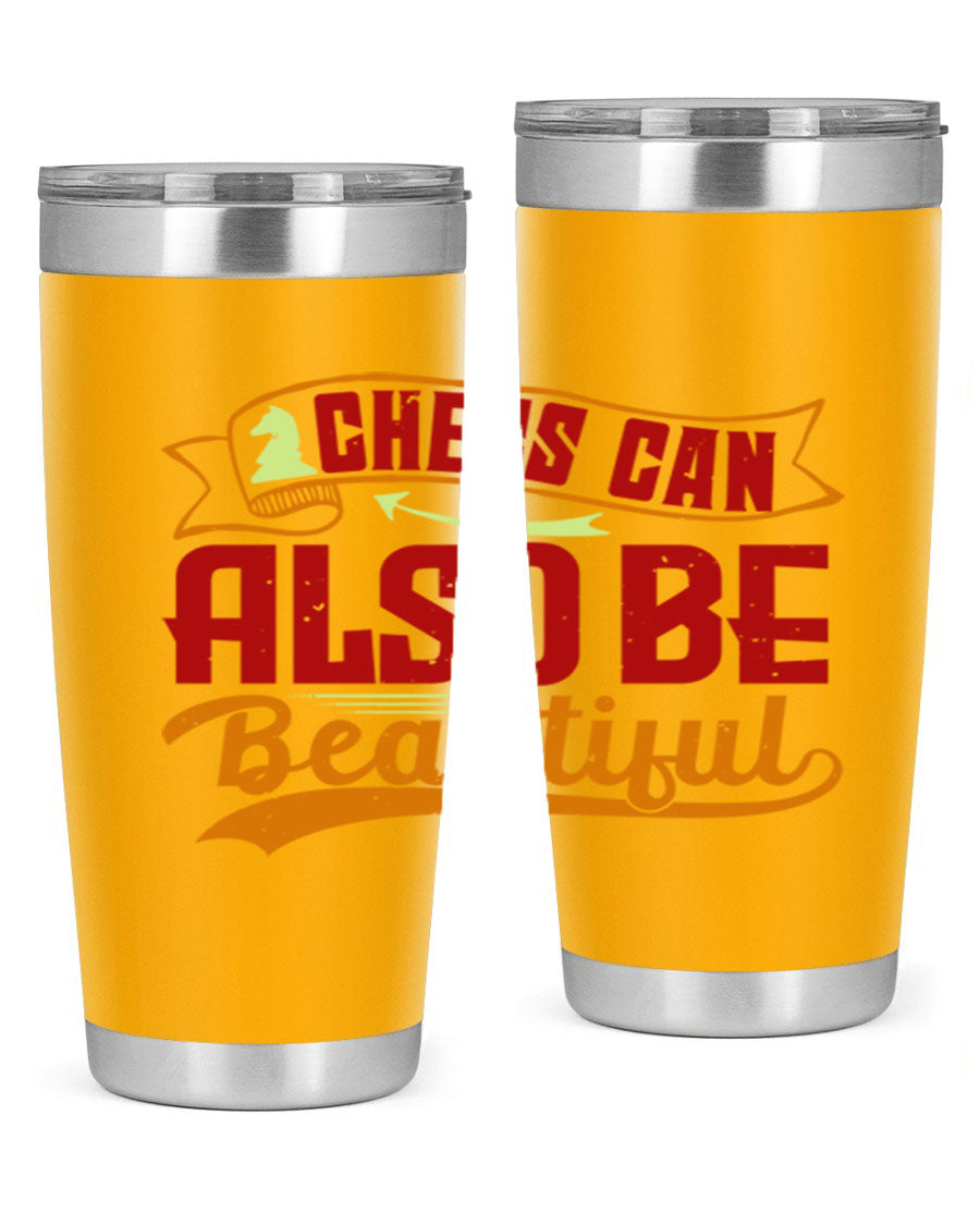 A stylish 20oz and 30oz stainless steel tumbler featuring a chess-themed design, showcasing its double wall vacuum insulation and drink-thru lid.