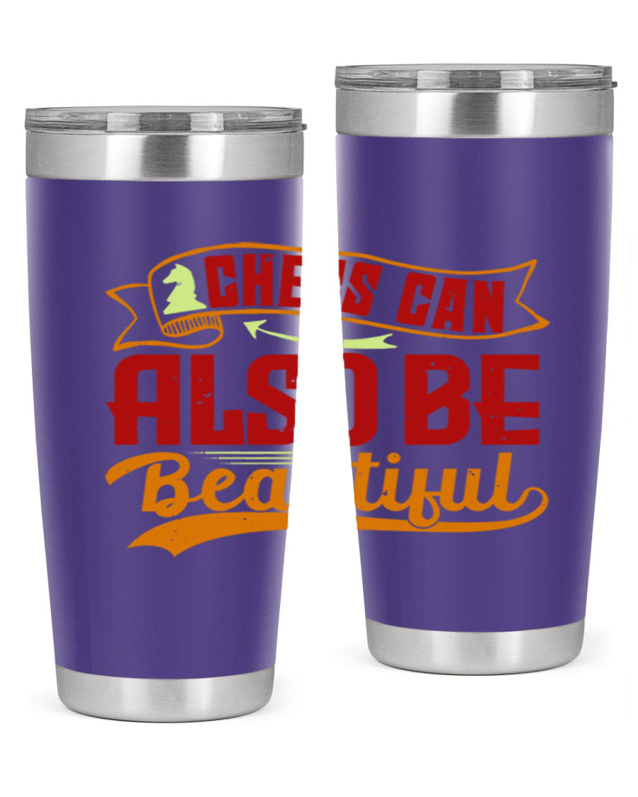A stylish 20oz and 30oz stainless steel tumbler featuring a chess-themed design, showcasing its double wall vacuum insulation and drink-thru lid.