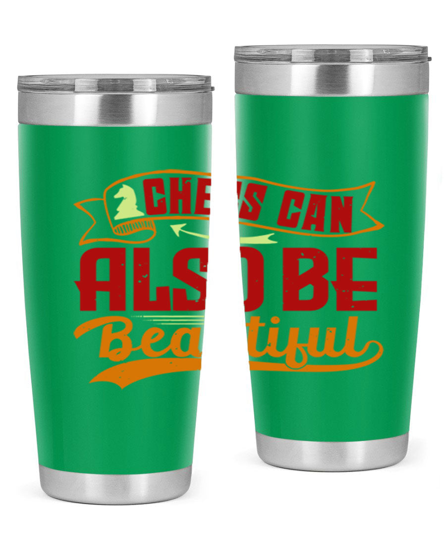 A stylish 20oz and 30oz stainless steel tumbler featuring a chess-themed design, showcasing its double wall vacuum insulation and drink-thru lid.