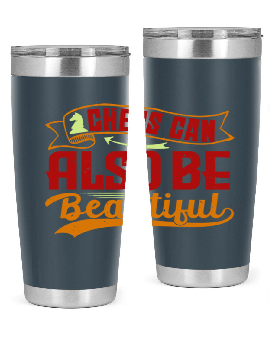 A stylish 20oz and 30oz stainless steel tumbler featuring a chess-themed design, showcasing its double wall vacuum insulation and drink-thru lid.