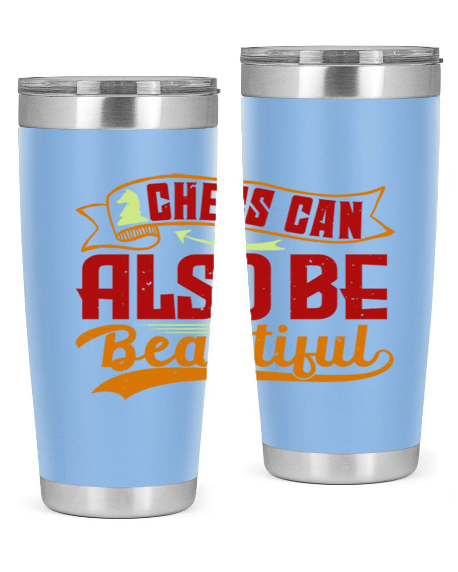 A stylish 20oz and 30oz stainless steel tumbler featuring a chess-themed design, showcasing its double wall vacuum insulation and drink-thru lid.