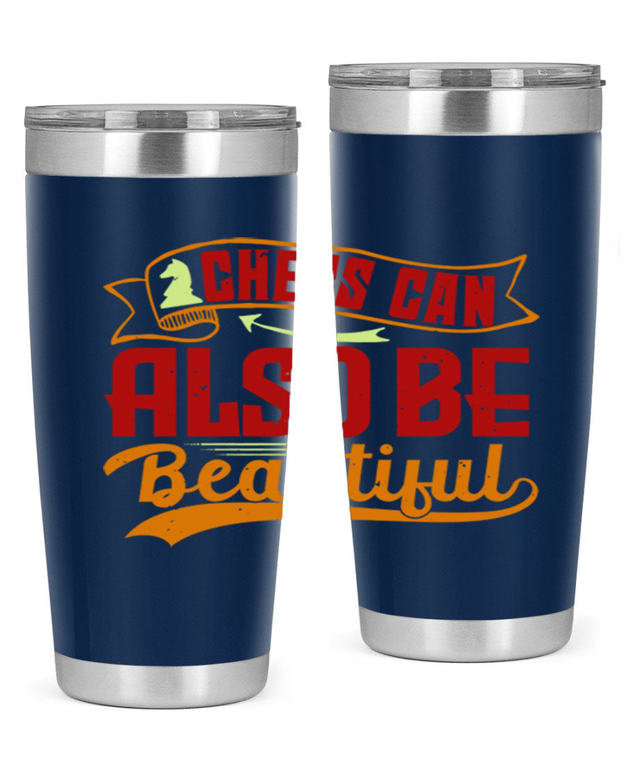 A stylish 20oz and 30oz stainless steel tumbler featuring a chess-themed design, showcasing its double wall vacuum insulation and drink-thru lid.
