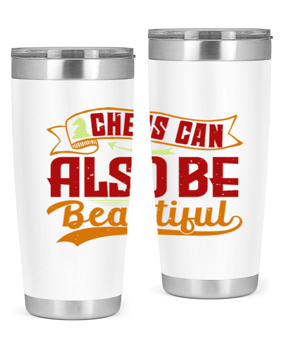 A stylish 20oz and 30oz stainless steel tumbler featuring a chess-themed design, showcasing its double wall vacuum insulation and drink-thru lid.