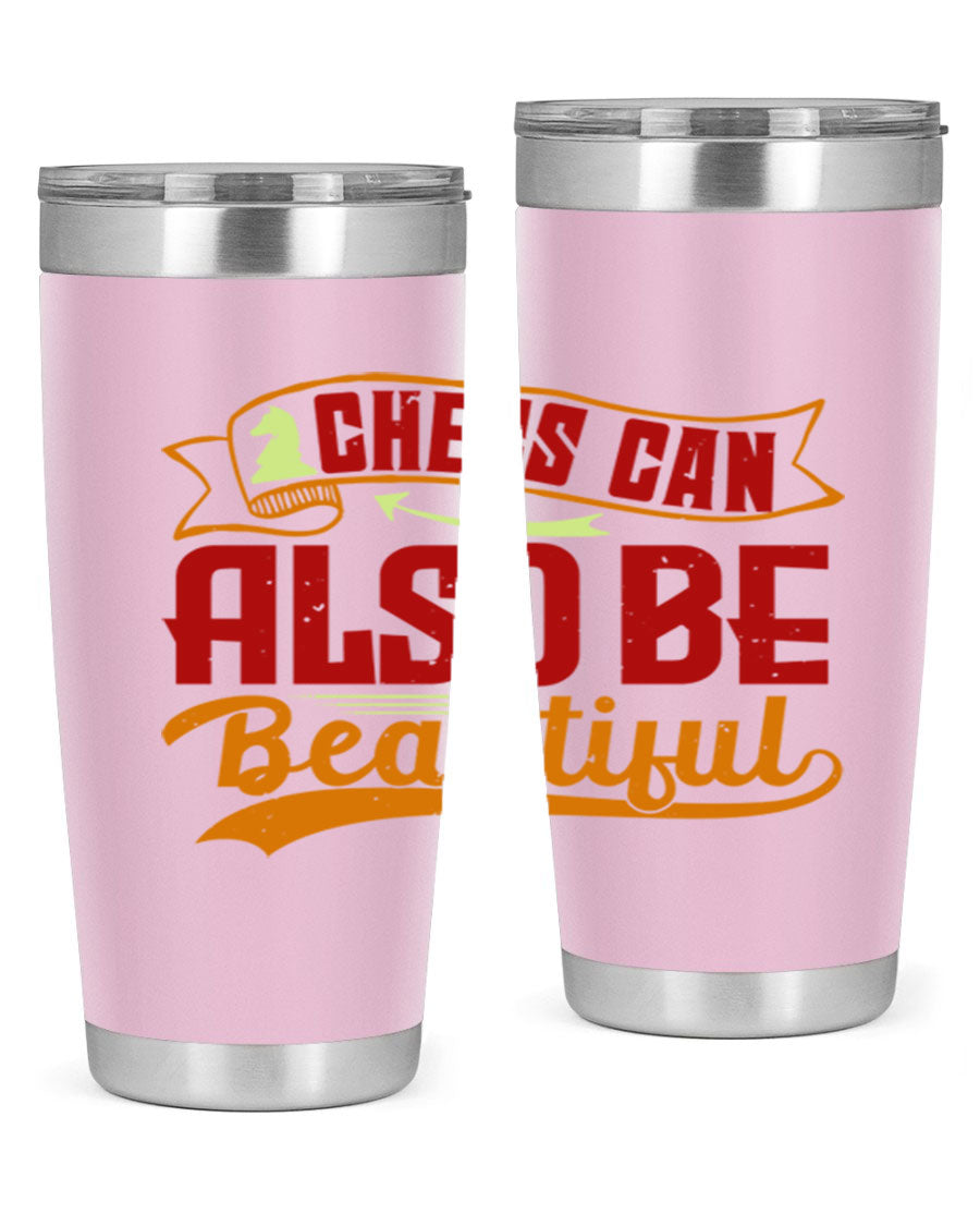 A stylish 20oz and 30oz stainless steel tumbler featuring a chess-themed design, showcasing its double wall vacuum insulation and drink-thru lid.