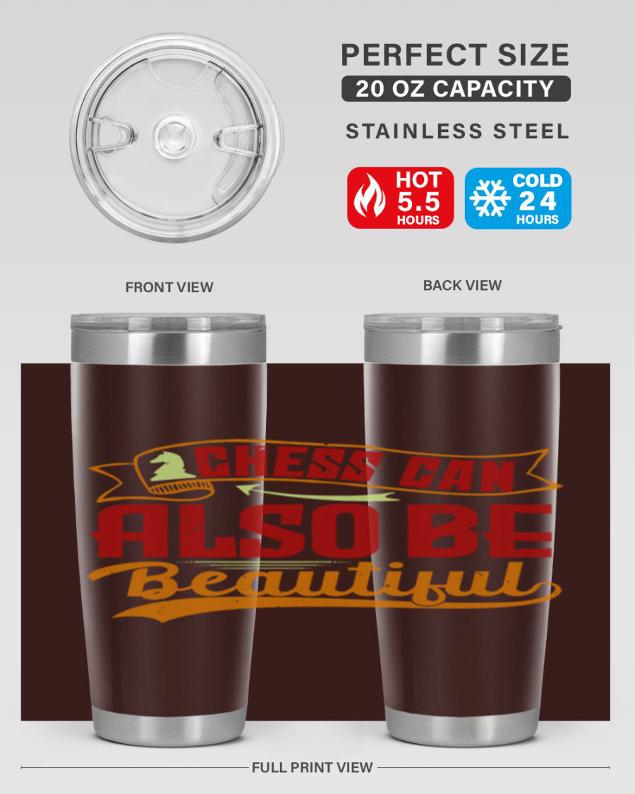A stylish 20oz and 30oz stainless steel tumbler featuring a chess-themed design, showcasing its double wall vacuum insulation and drink-thru lid.