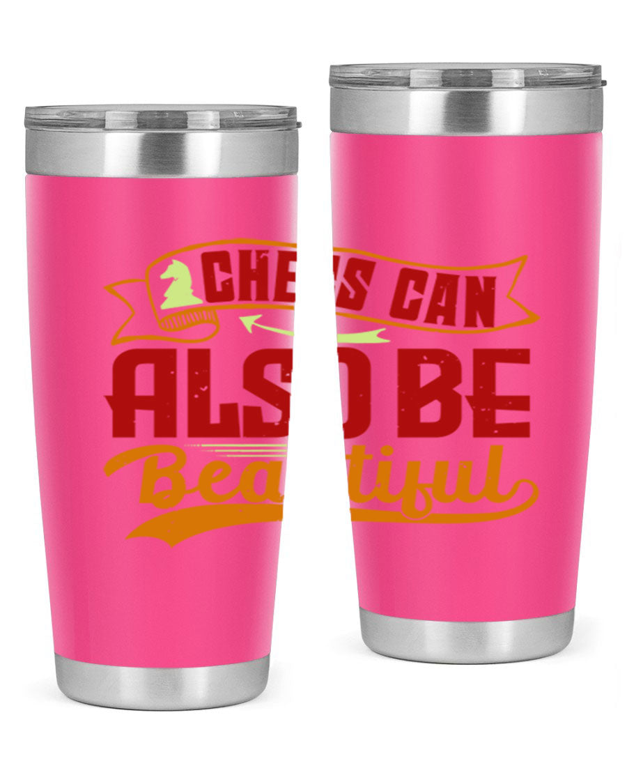 A stylish 20oz and 30oz stainless steel tumbler featuring a chess-themed design, showcasing its double wall vacuum insulation and drink-thru lid.