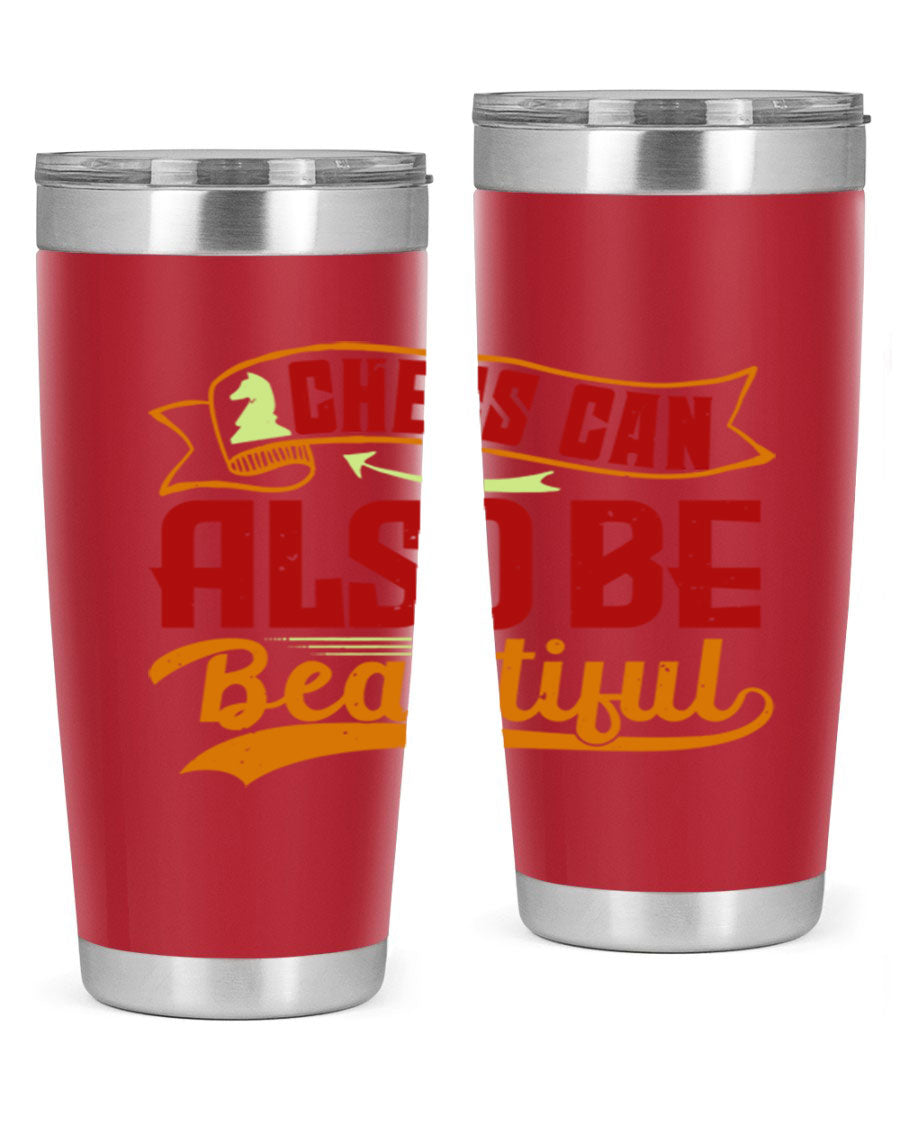 A stylish 20oz and 30oz stainless steel tumbler featuring a chess-themed design, showcasing its double wall vacuum insulation and drink-thru lid.