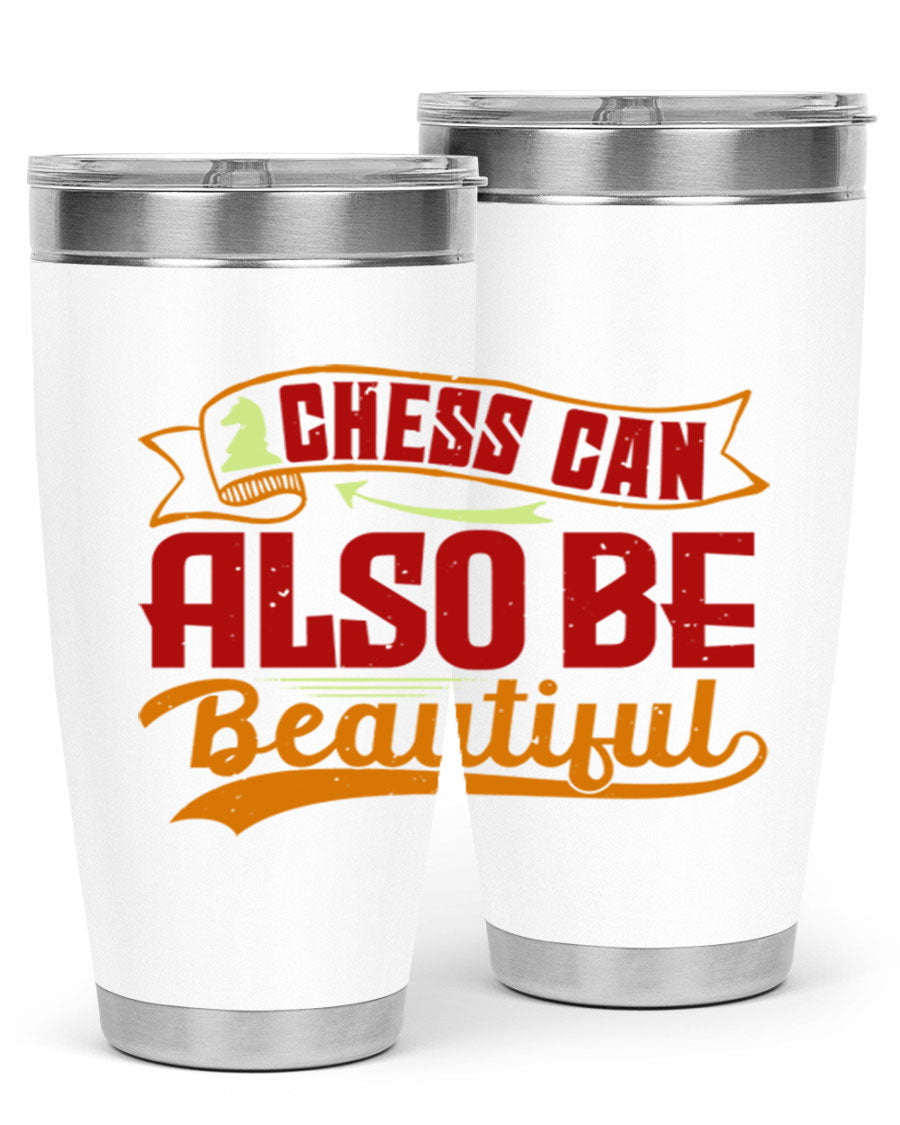 A stylish 20oz and 30oz stainless steel tumbler featuring a chess-themed design, showcasing its double wall vacuum insulation and drink-thru lid.