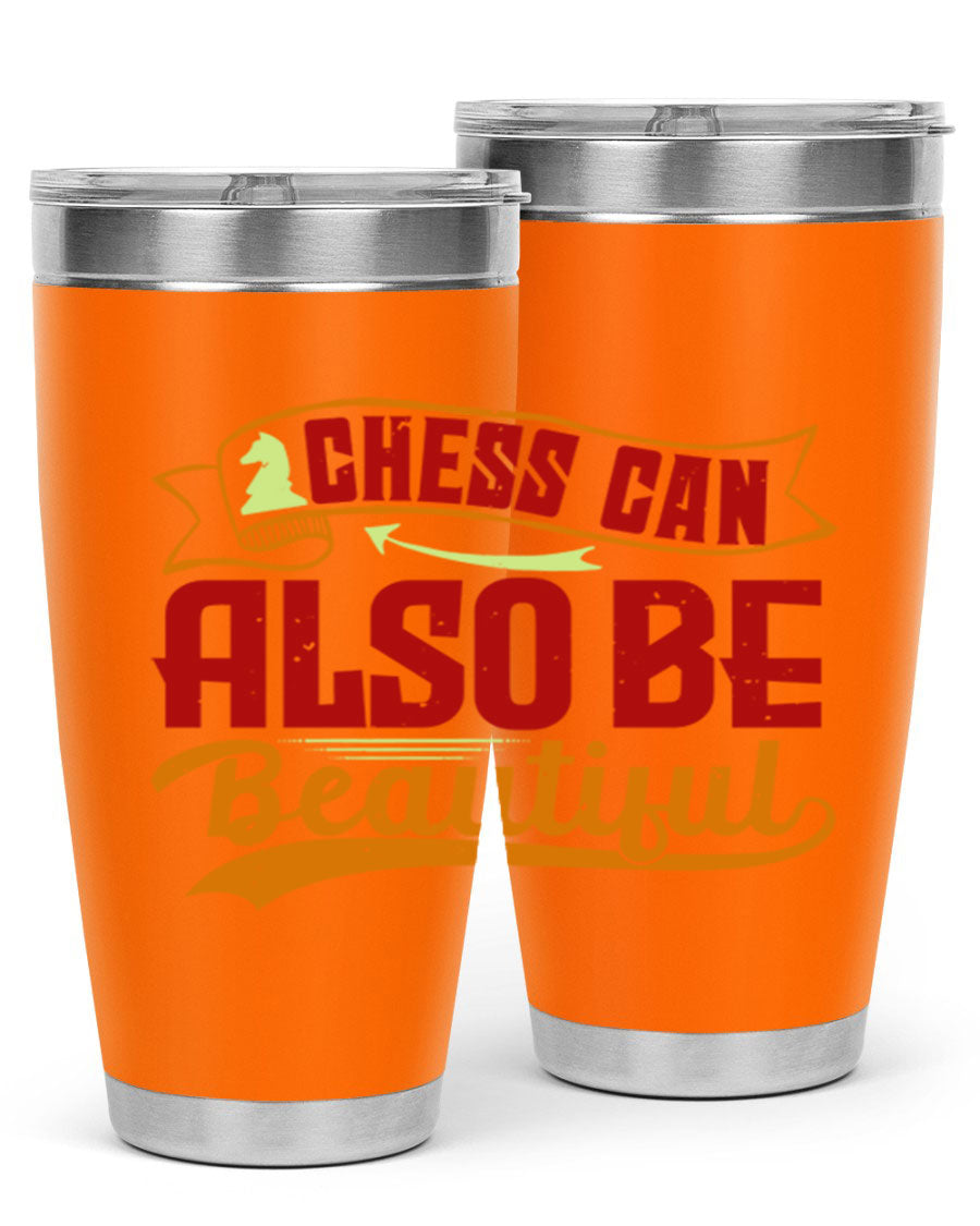 A stylish 20oz and 30oz stainless steel tumbler featuring a chess-themed design, showcasing its double wall vacuum insulation and drink-thru lid.