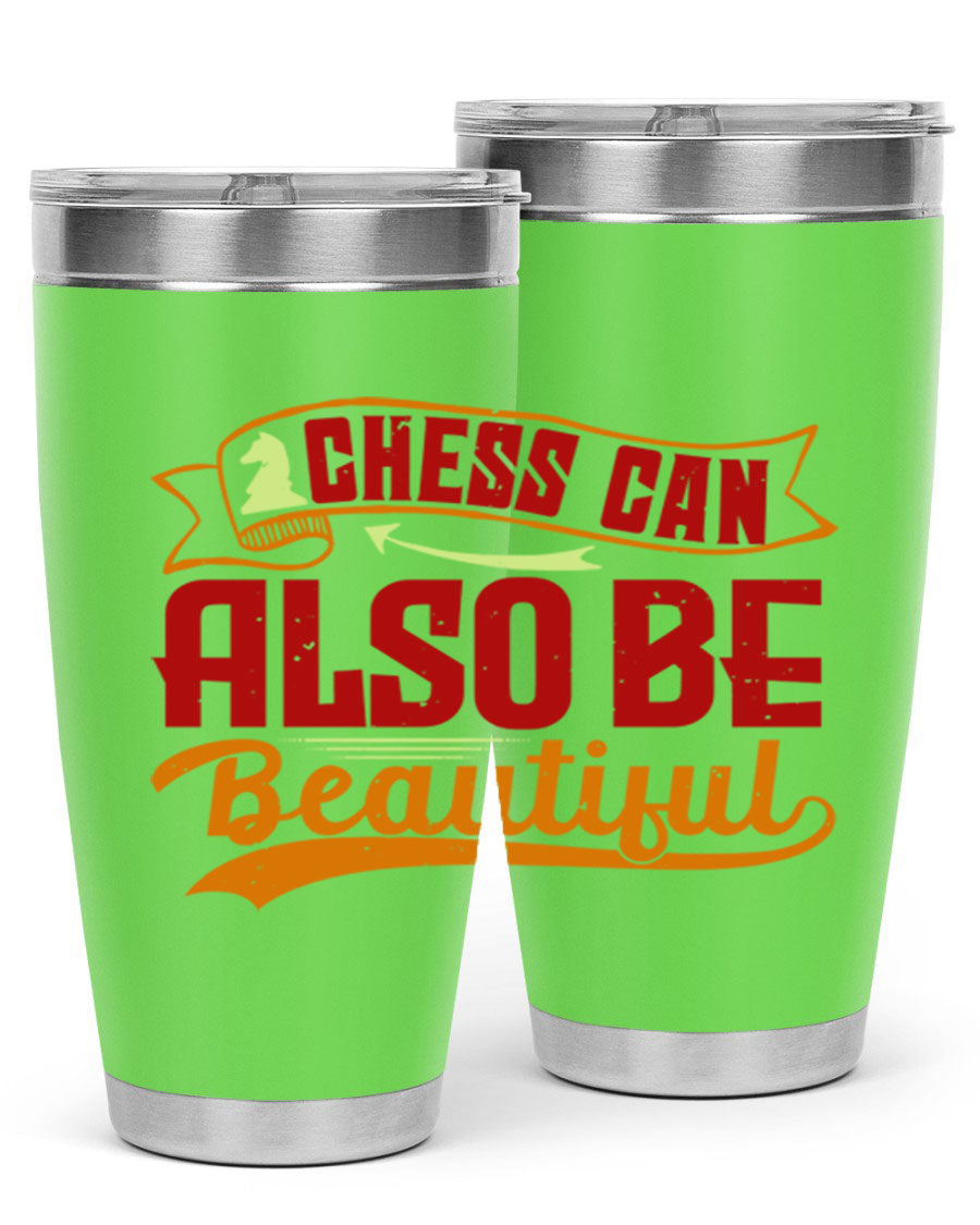 A stylish 20oz and 30oz stainless steel tumbler featuring a chess-themed design, showcasing its double wall vacuum insulation and drink-thru lid.