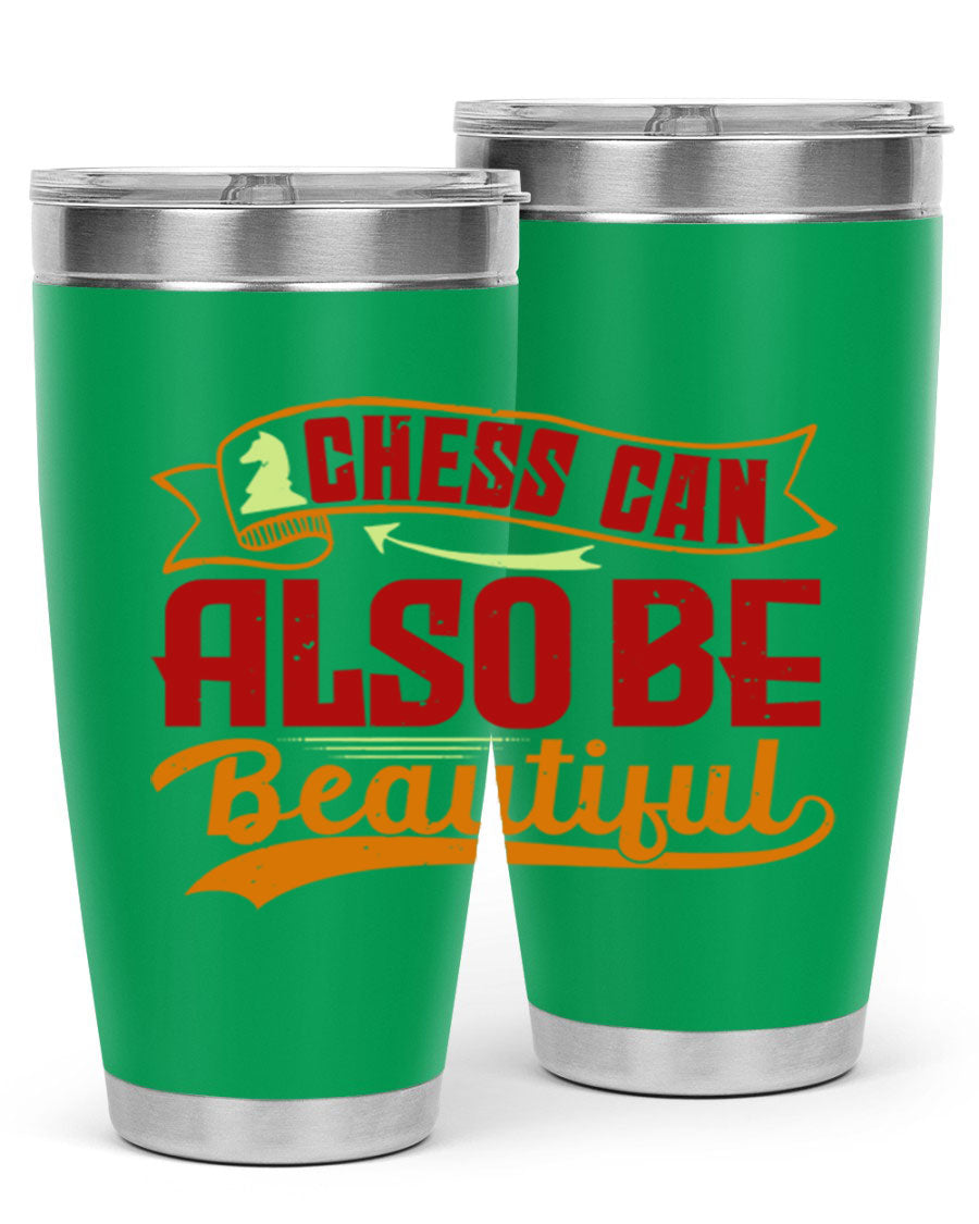 A stylish 20oz and 30oz stainless steel tumbler featuring a chess-themed design, showcasing its double wall vacuum insulation and drink-thru lid.