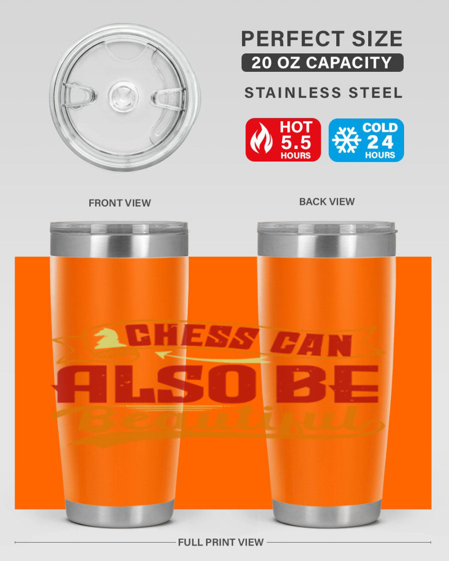 A stylish 20oz and 30oz stainless steel tumbler featuring a chess-themed design, showcasing its double wall vacuum insulation and drink-thru lid.