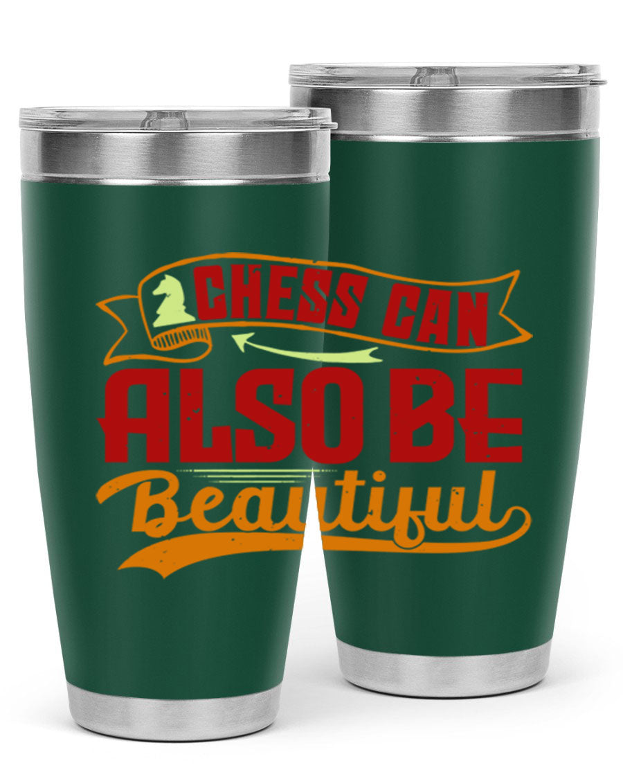 A stylish 20oz and 30oz stainless steel tumbler featuring a chess-themed design, showcasing its double wall vacuum insulation and drink-thru lid.