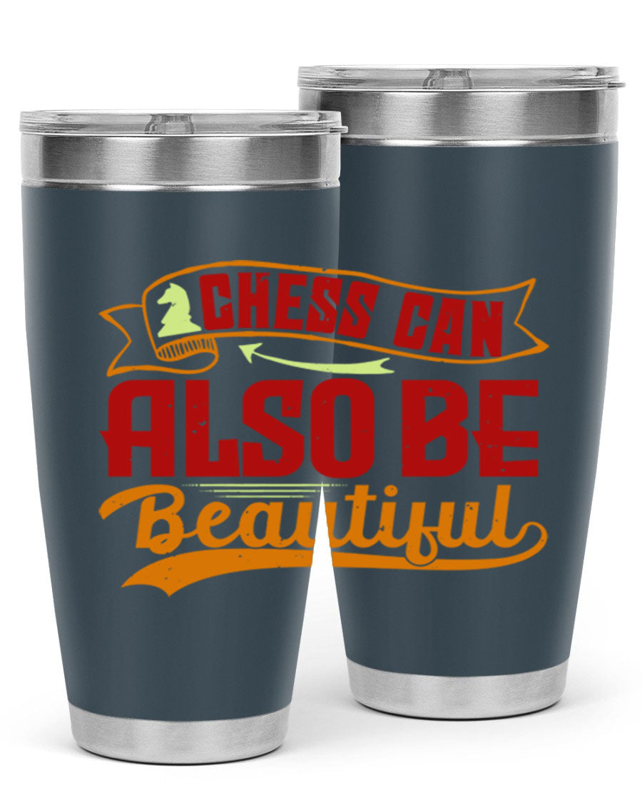 A stylish 20oz and 30oz stainless steel tumbler featuring a chess-themed design, showcasing its double wall vacuum insulation and drink-thru lid.