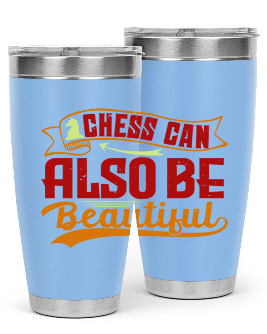 A stylish 20oz and 30oz stainless steel tumbler featuring a chess-themed design, showcasing its double wall vacuum insulation and drink-thru lid.
