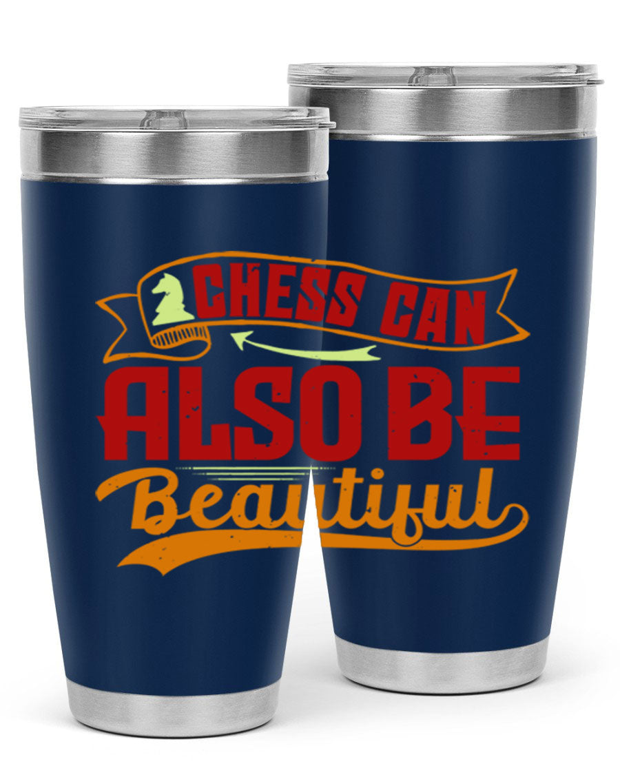 A stylish 20oz and 30oz stainless steel tumbler featuring a chess-themed design, showcasing its double wall vacuum insulation and drink-thru lid.