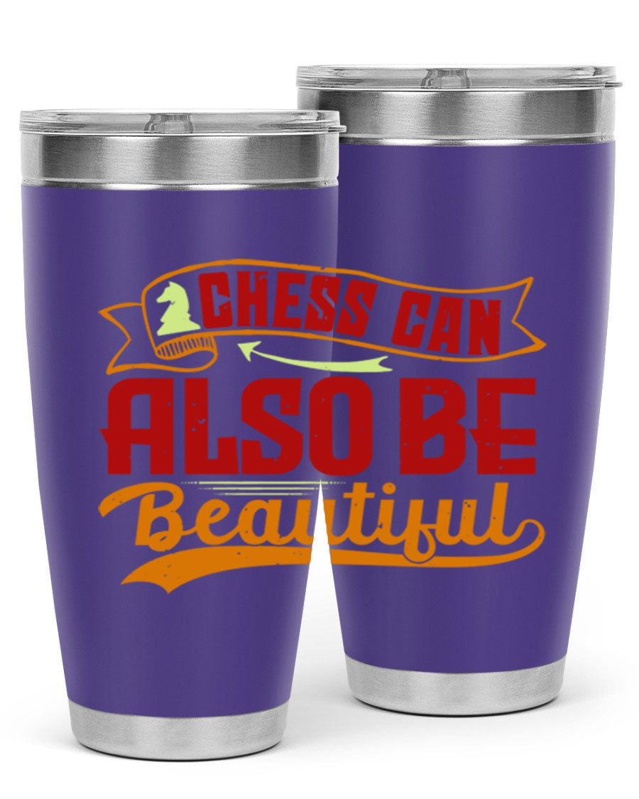 A stylish 20oz and 30oz stainless steel tumbler featuring a chess-themed design, showcasing its double wall vacuum insulation and drink-thru lid.