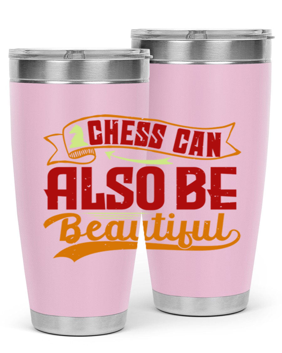 A stylish 20oz and 30oz stainless steel tumbler featuring a chess-themed design, showcasing its double wall vacuum insulation and drink-thru lid.