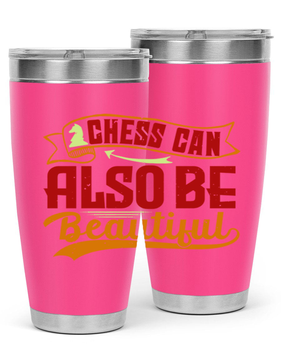 A stylish 20oz and 30oz stainless steel tumbler featuring a chess-themed design, showcasing its double wall vacuum insulation and drink-thru lid.
