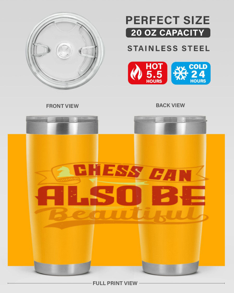 A stylish 20oz and 30oz stainless steel tumbler featuring a chess-themed design, showcasing its double wall vacuum insulation and drink-thru lid.