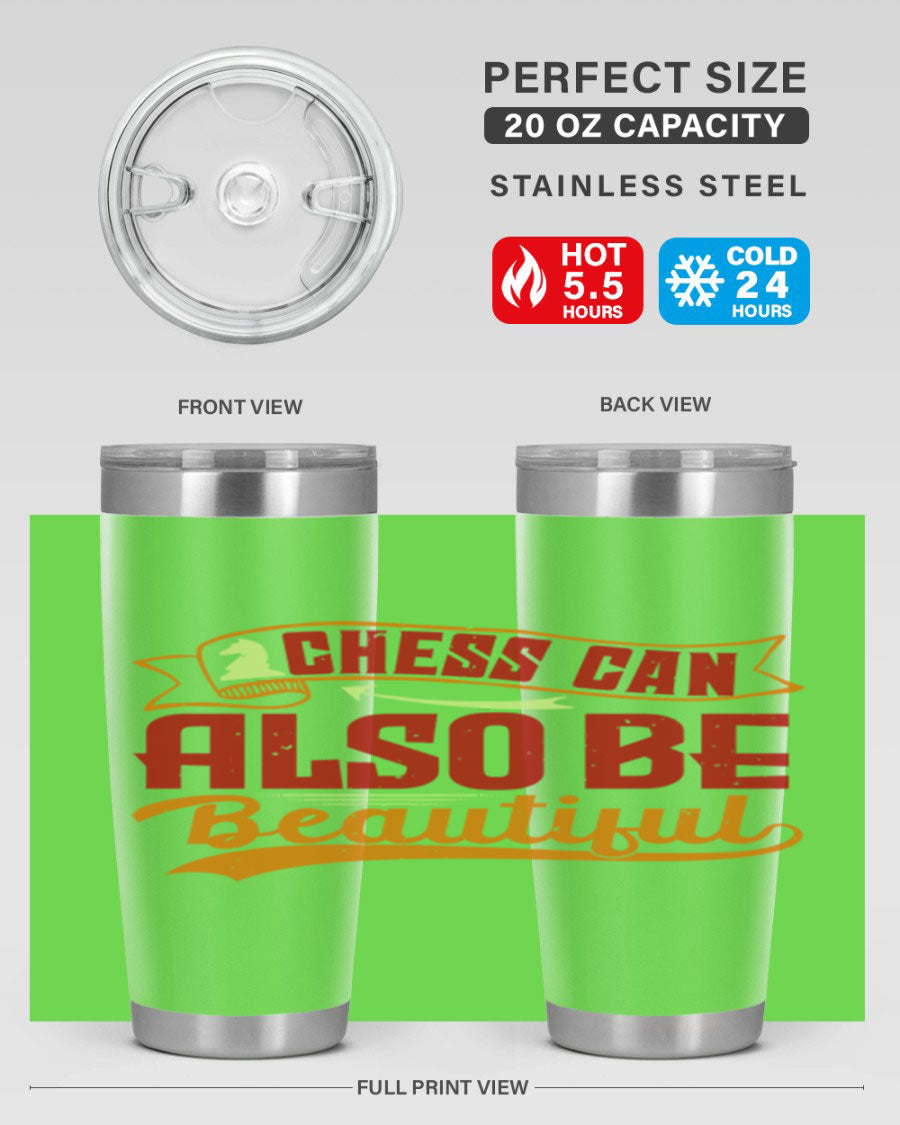 A stylish 20oz and 30oz stainless steel tumbler featuring a chess-themed design, showcasing its double wall vacuum insulation and drink-thru lid.