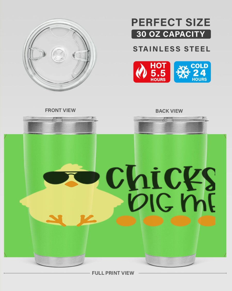 Chicks Dig Me 65# Easter Tumbler in stainless steel with a vibrant design, showcasing its double wall vacuum insulation and drink-thru lid.
