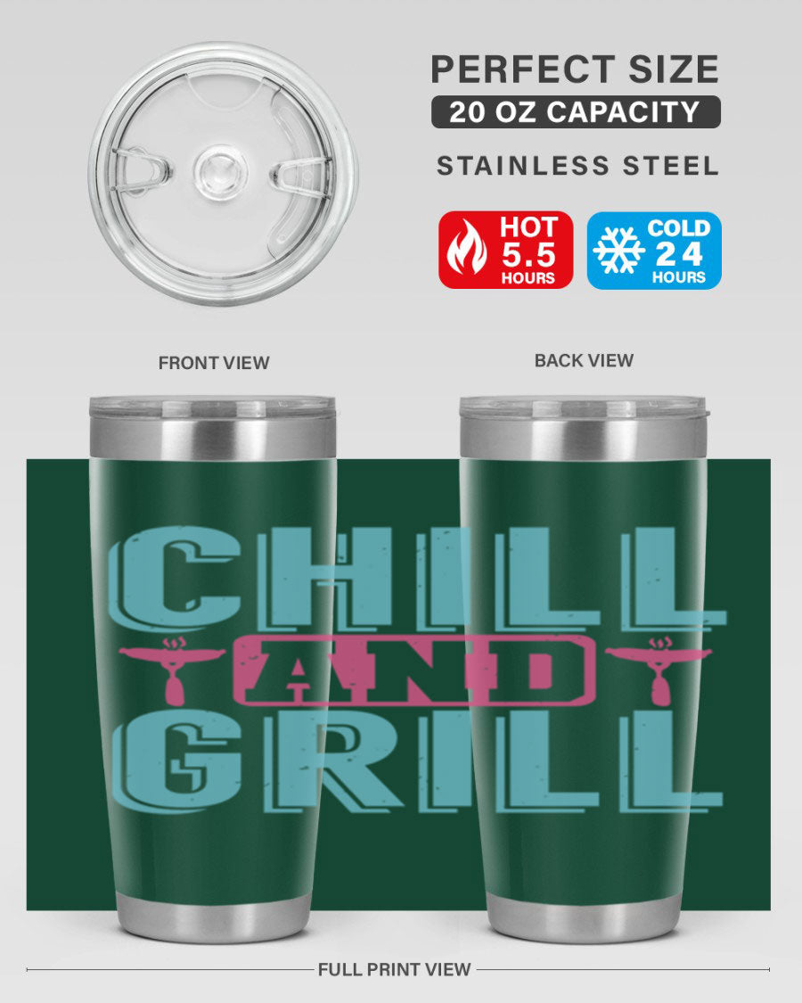 Chill and Grill 49# BBQ Tumbler in stainless steel with a drink-thru lid, showcasing its sleek design and double wall insulation.