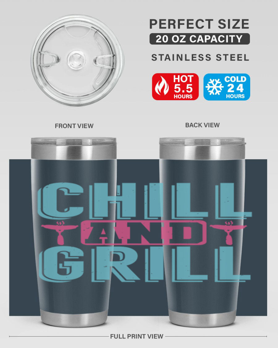 Chill and Grill 49# BBQ Tumbler in stainless steel with a drink-thru lid, showcasing its sleek design and double wall insulation.