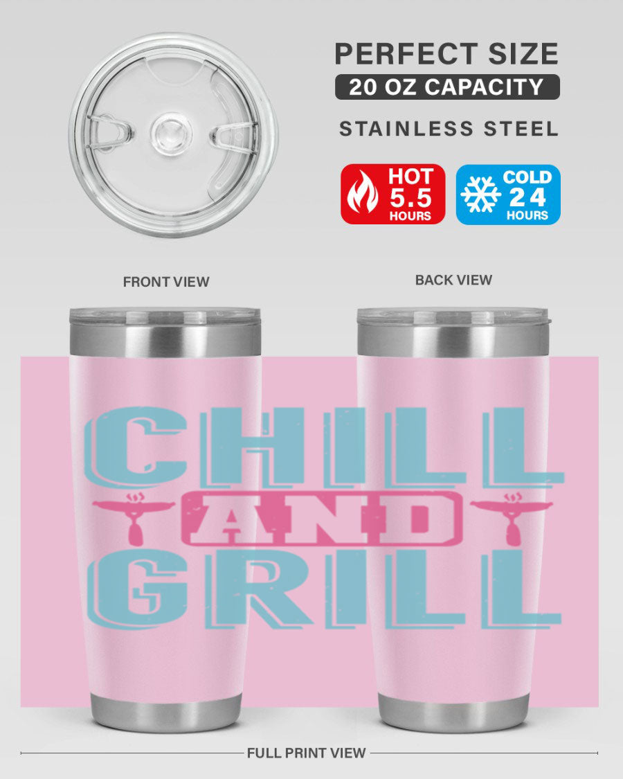 Chill and Grill 49# BBQ Tumbler in stainless steel with a drink-thru lid, showcasing its sleek design and double wall insulation.
