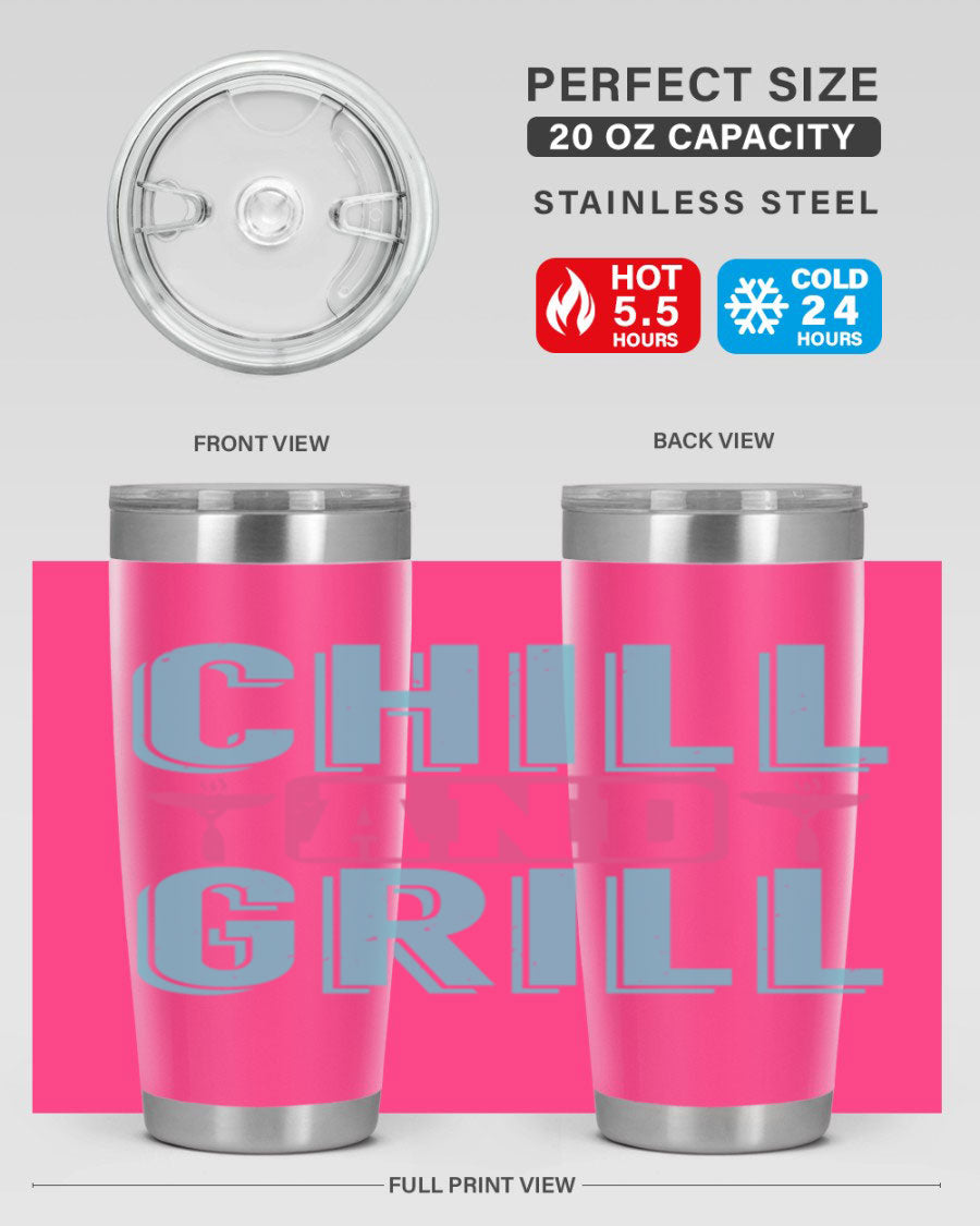 Chill and Grill 49# BBQ Tumbler in stainless steel with a drink-thru lid, showcasing its sleek design and double wall insulation.