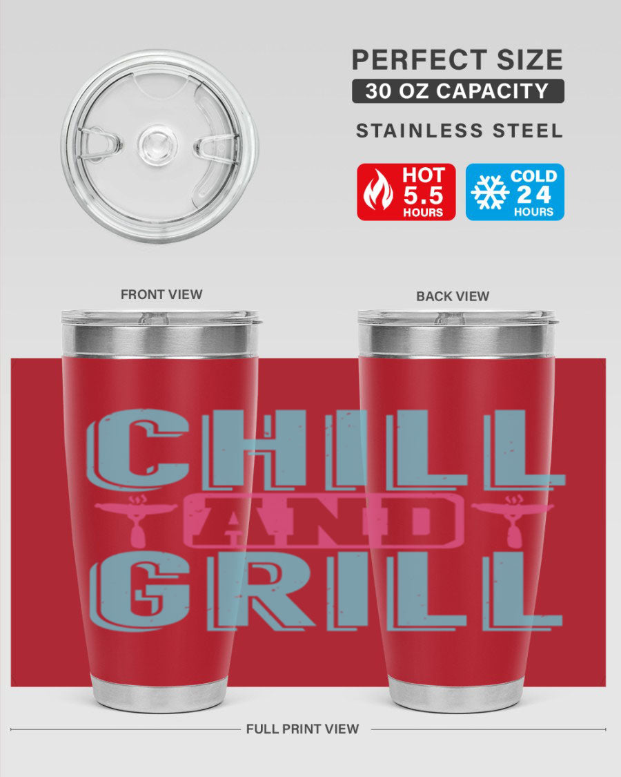 Chill and Grill 49# BBQ Tumbler in stainless steel with a drink-thru lid, showcasing its sleek design and double wall insulation.