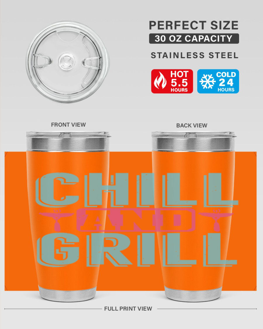 Chill and Grill 49# BBQ Tumbler in stainless steel with a drink-thru lid, showcasing its sleek design and double wall insulation.