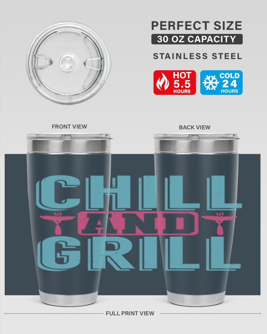Chill and Grill 49# BBQ Tumbler in stainless steel with a drink-thru lid, showcasing its sleek design and double wall insulation.