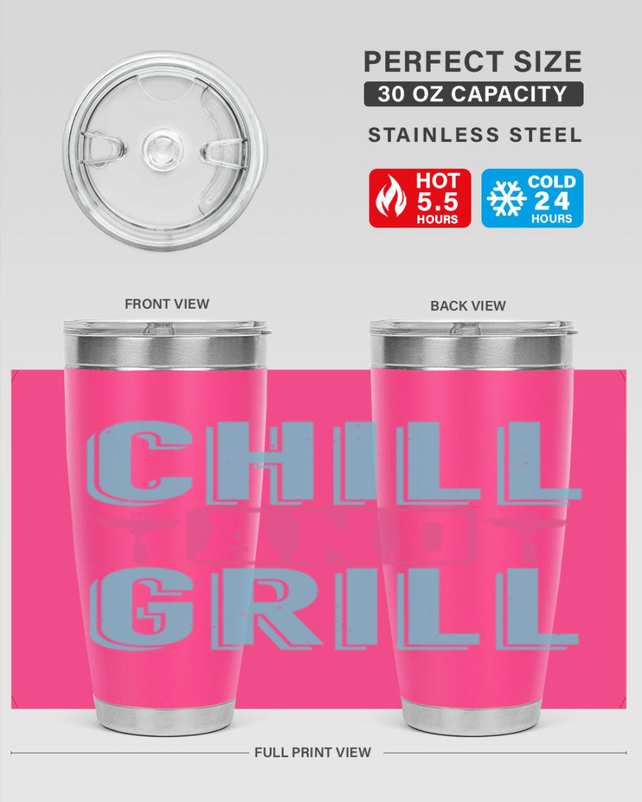 Chill and Grill 49# BBQ Tumbler in stainless steel with a drink-thru lid, showcasing its sleek design and double wall insulation.