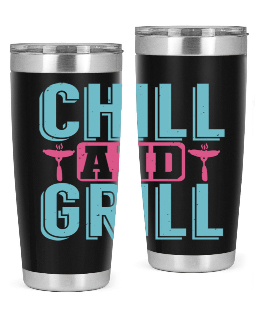 Chill and Grill 49# BBQ Tumbler in stainless steel with a drink-thru lid, showcasing its sleek design and double wall insulation.