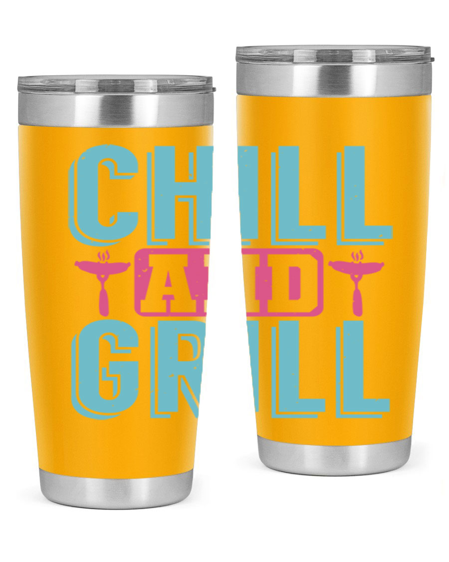Chill and Grill 49# BBQ Tumbler in stainless steel with a drink-thru lid, showcasing its sleek design and double wall insulation.