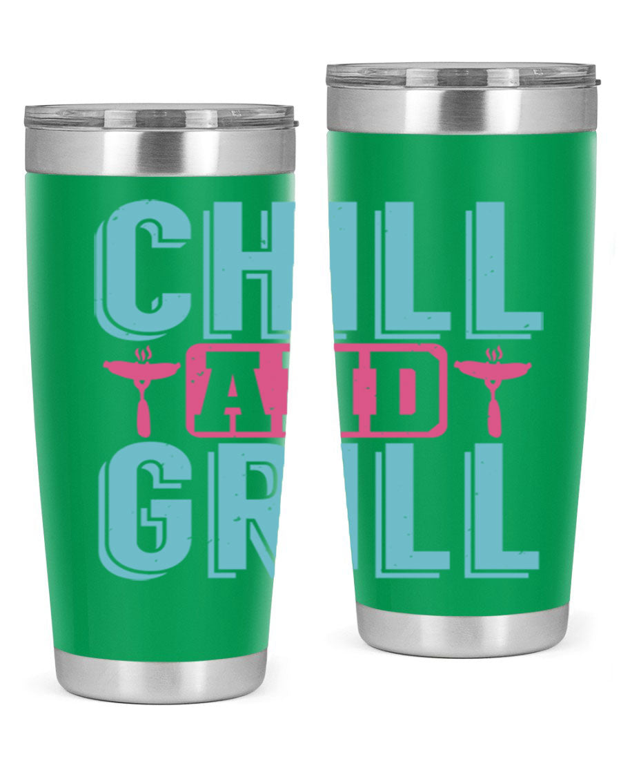 Chill and Grill 49# BBQ Tumbler in stainless steel with a drink-thru lid, showcasing its sleek design and double wall insulation.