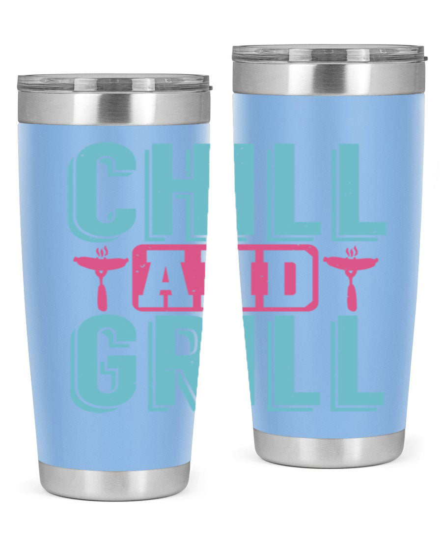 Chill and Grill 49# BBQ Tumbler in stainless steel with a drink-thru lid, showcasing its sleek design and double wall insulation.