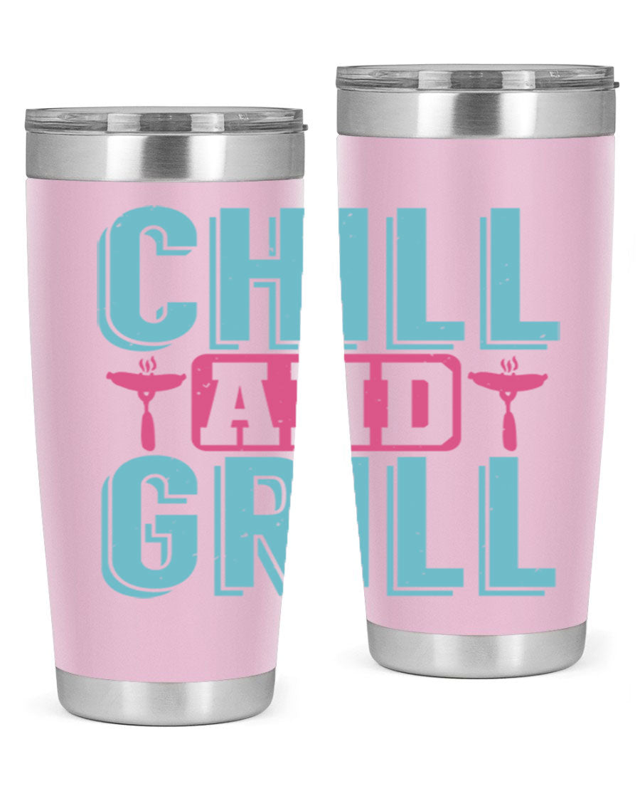 Chill and Grill 49# BBQ Tumbler in stainless steel with a drink-thru lid, showcasing its sleek design and double wall insulation.