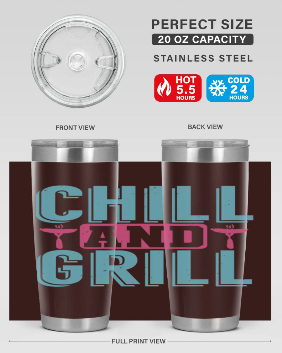Chill and Grill 49# BBQ Tumbler in stainless steel with a drink-thru lid, showcasing its sleek design and double wall insulation.