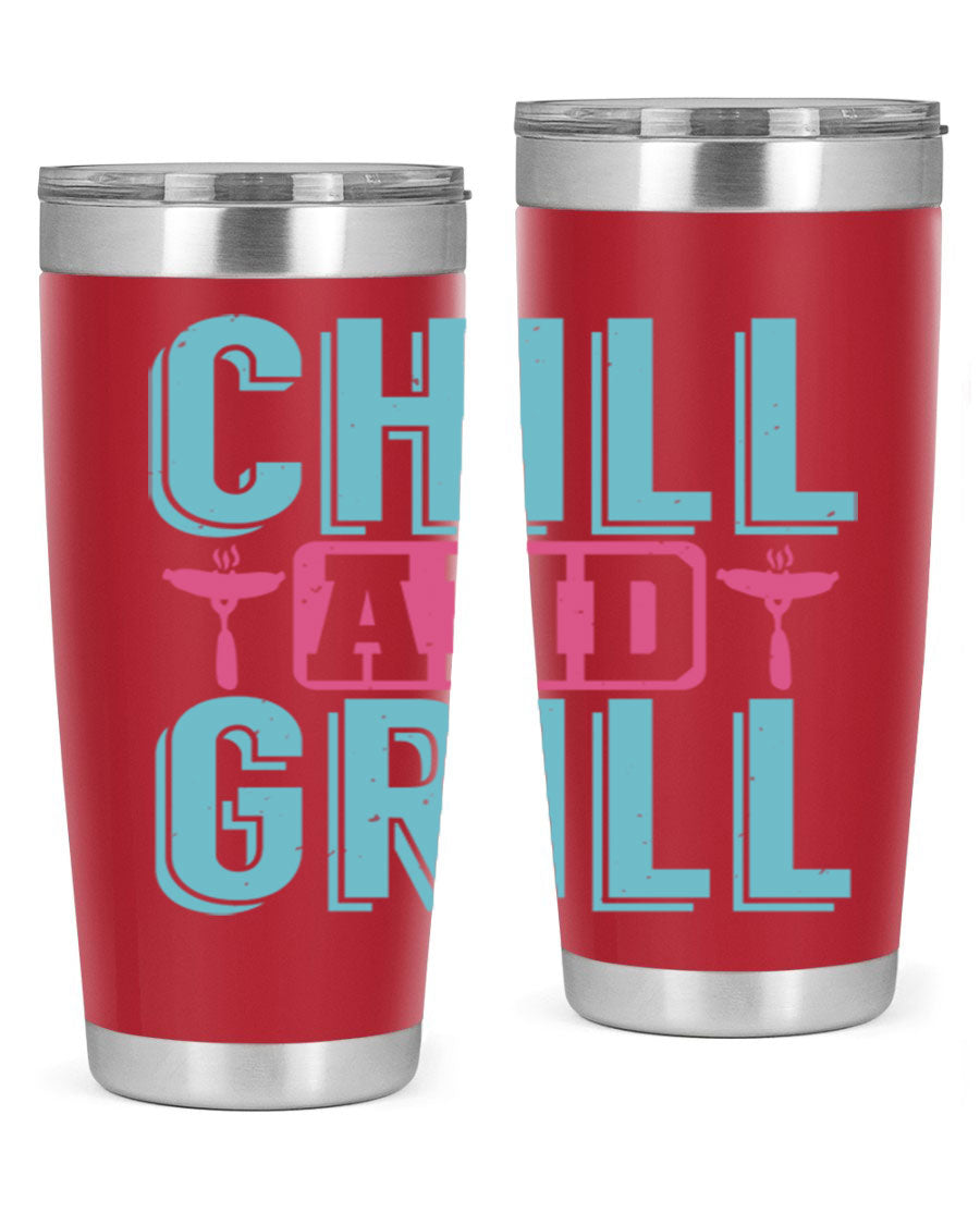 Chill and Grill 49# BBQ Tumbler in stainless steel with a drink-thru lid, showcasing its sleek design and double wall insulation.