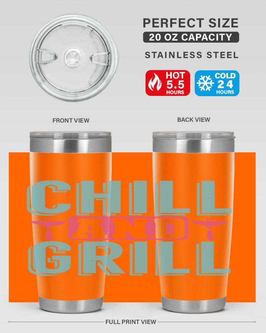 Chill and Grill 49# BBQ Tumbler in stainless steel with a drink-thru lid, showcasing its sleek design and double wall insulation.