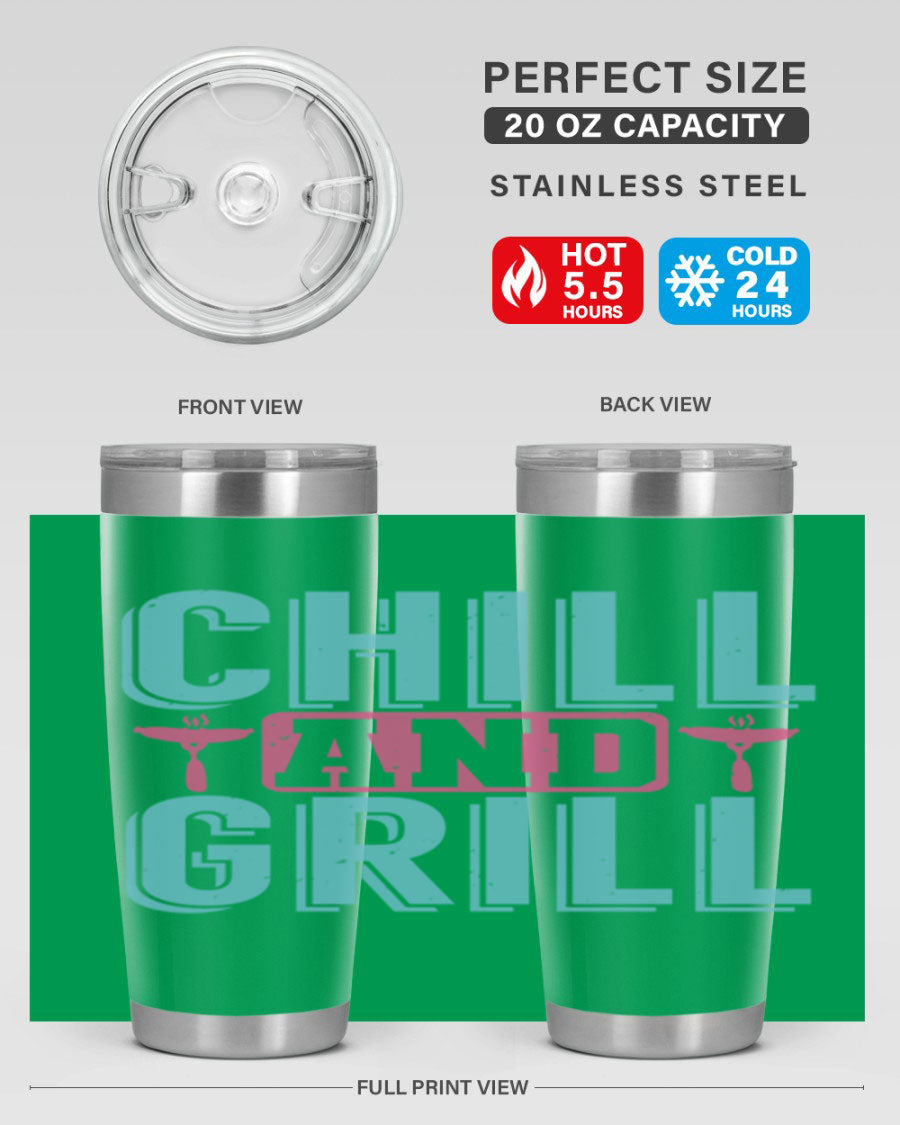 Chill and Grill 49# BBQ Tumbler in stainless steel with a drink-thru lid, showcasing its sleek design and double wall insulation.