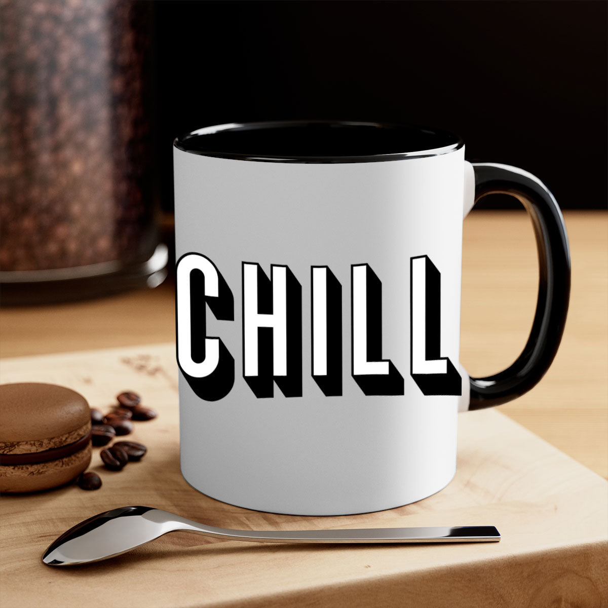 Chill Netflix 186# Mug with black phrases and colorful handle, showcasing its glossy finish and two-tone design.