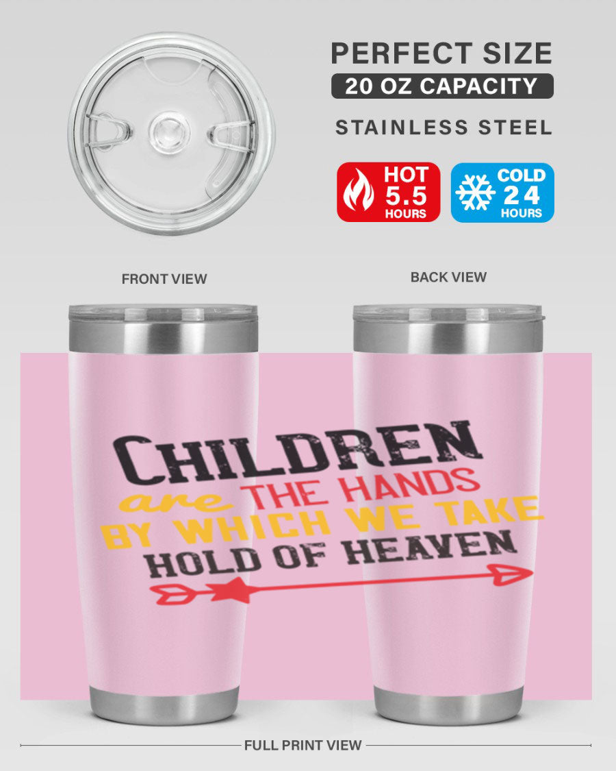 Children are the hands tumbler, double wall vacuum stainless steel with a heartfelt design, perfect for hot and cold beverages.
