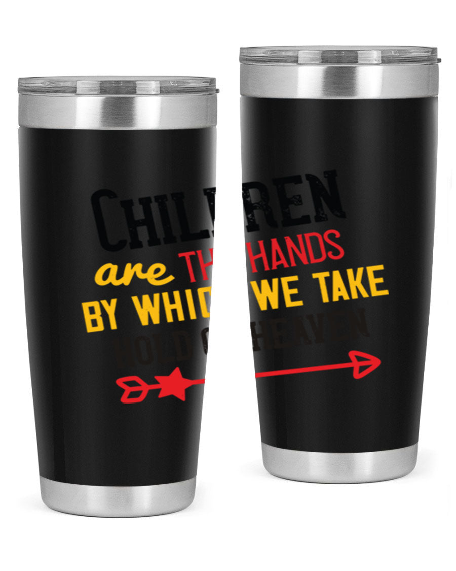 Children are the hands tumbler, double wall vacuum stainless steel with a heartfelt design, perfect for hot and cold beverages.