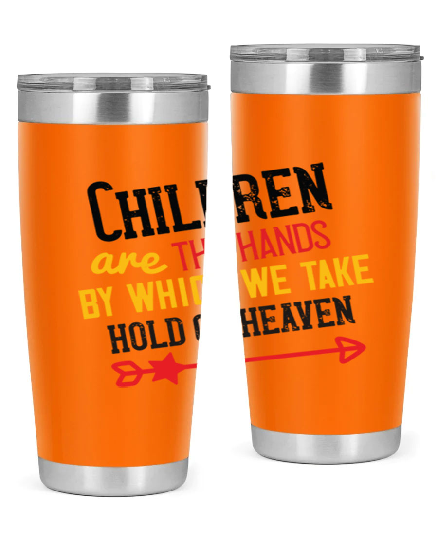 Children are the hands tumbler, double wall vacuum stainless steel with a heartfelt design, perfect for hot and cold beverages.