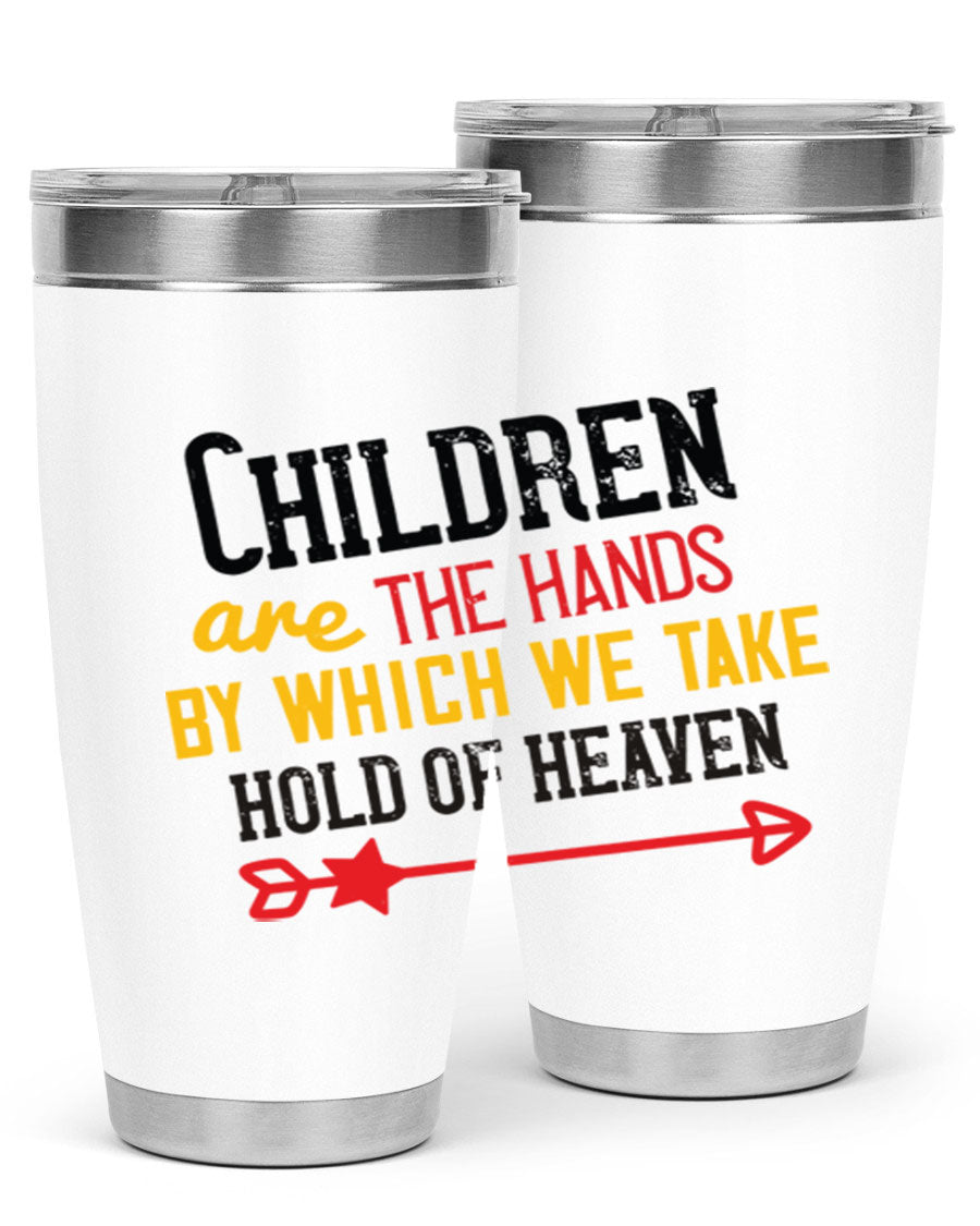 Children are the hands tumbler, double wall vacuum stainless steel with a heartfelt design, perfect for hot and cold beverages.