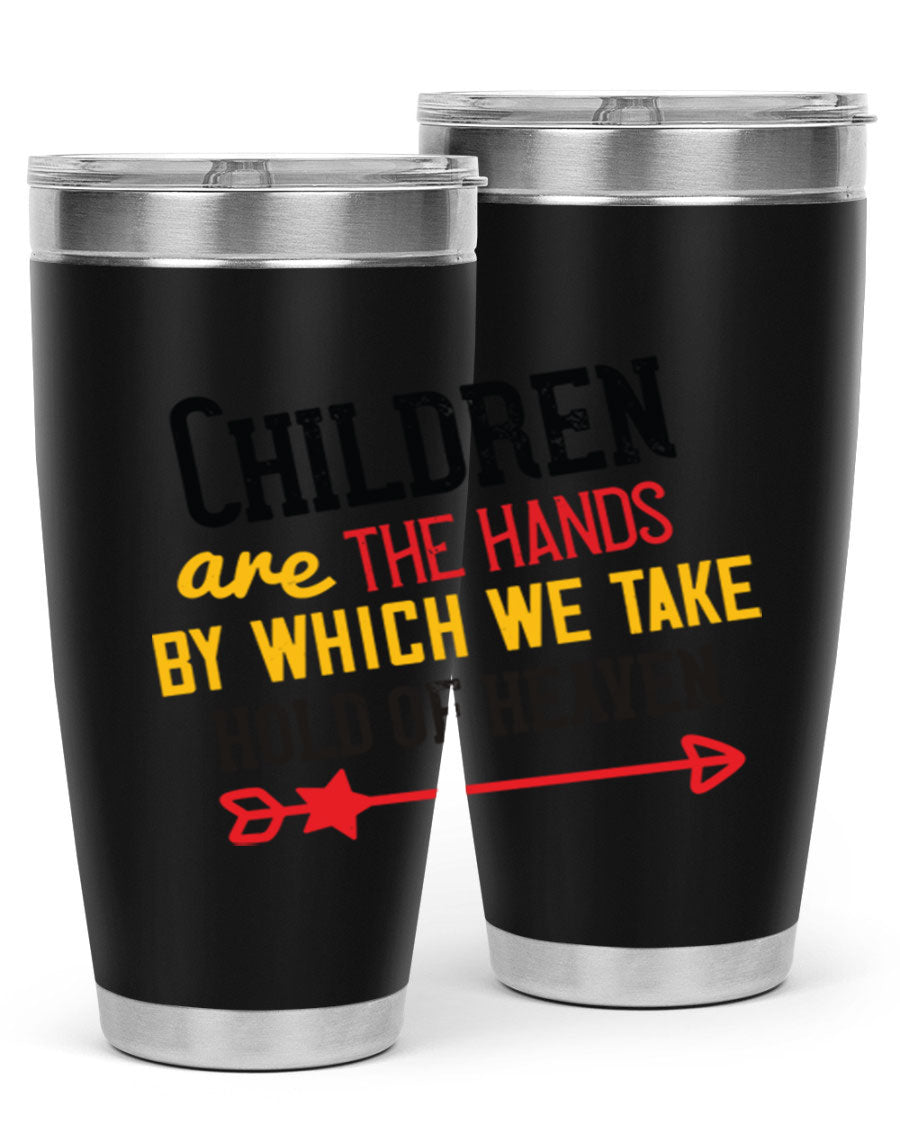 Children are the hands tumbler, double wall vacuum stainless steel with a heartfelt design, perfect for hot and cold beverages.
