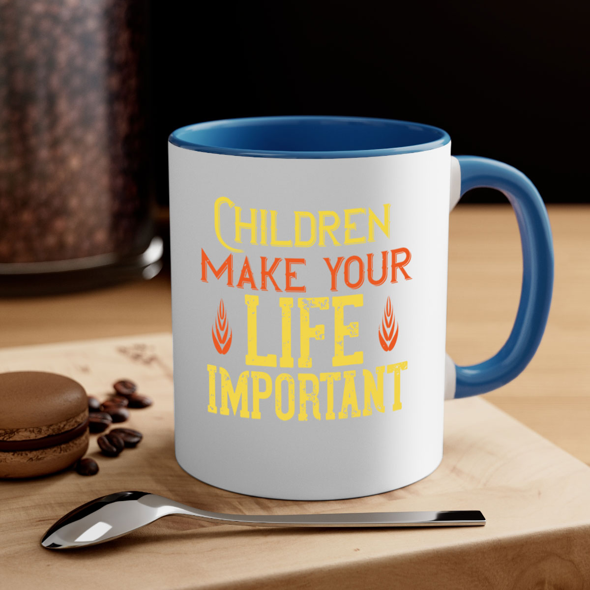Children make your life important Style 46# Mug featuring a glossy finish, colorful handle, and interior, available in two sizes.